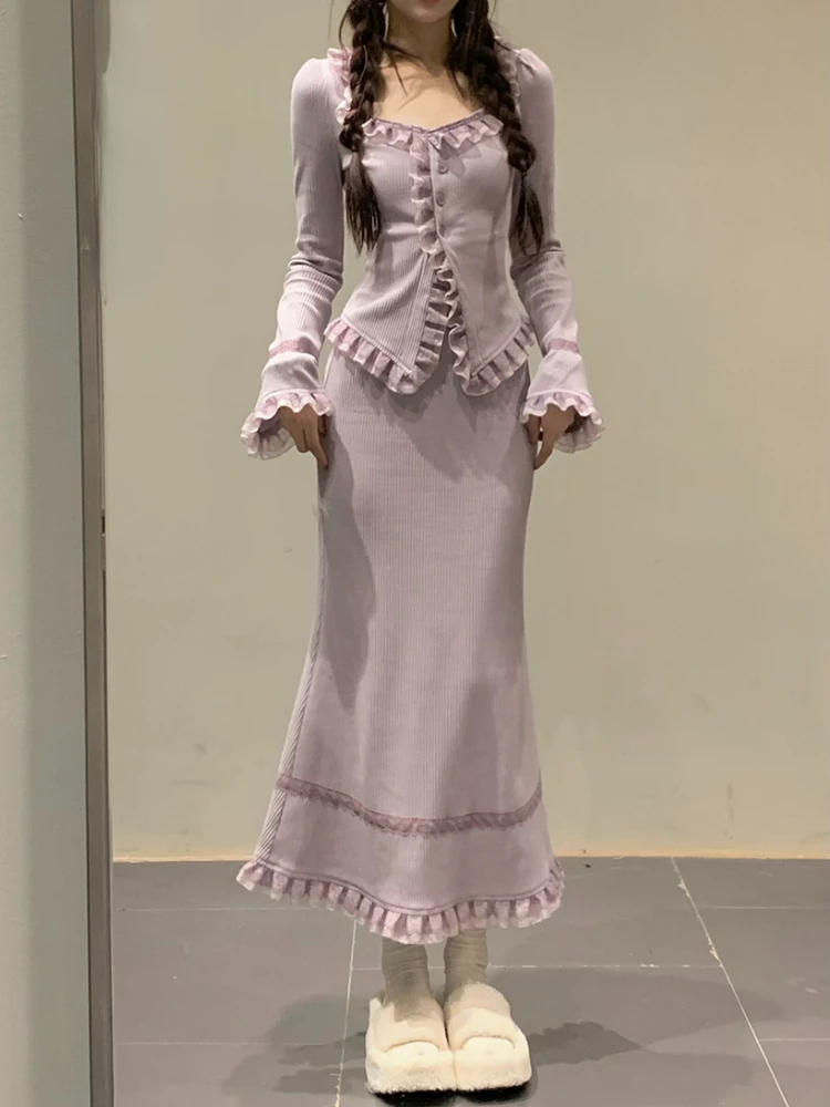

Winter Purple Sweet Knitted 2 Piece Set Women Reched Vintage Kawaii Skirt Suit Female Korean Fashion Casual Designer Retro Set