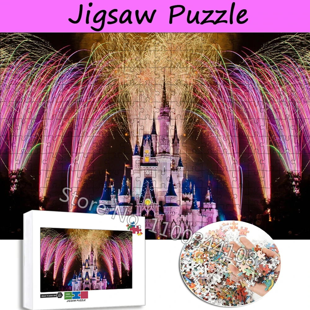 Disney Castle Jigsaw Puzzles Disneyland Fireworks Show Puzzle 300/500/1000 Pieces Handmade Toys Hobbies Adult Decompression Toys