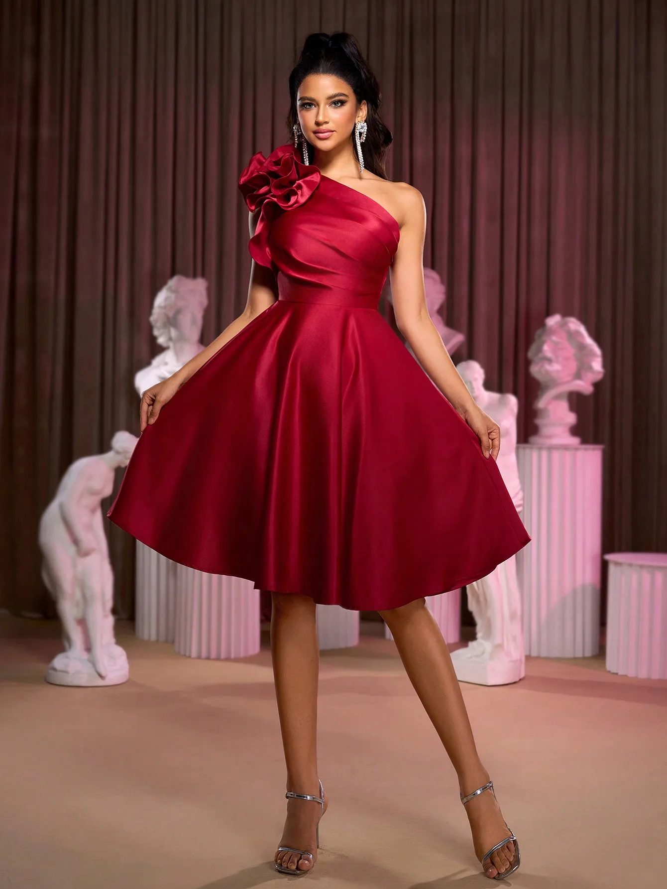 Women's Satin One Shoulder A-Line Midi Dress with 3D Floral Detail, Perfect for Formal Events, Prom, Wedding Guest