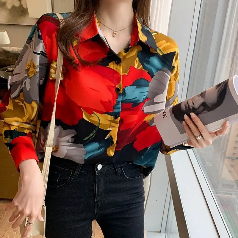 Female Elegant Floral Print Fashion Blouse Spring Autumn Vintage Casual Long Sleeve Korean Loose Turn-down Collar Button Shirt