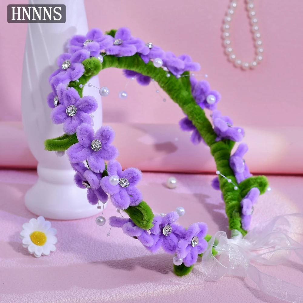 

HNNNS Purple Twist Stick Headband Pearl Flower Headdress Sweet Romantic Headpiece Elegant Organza Ribbon Hair Accessories A362