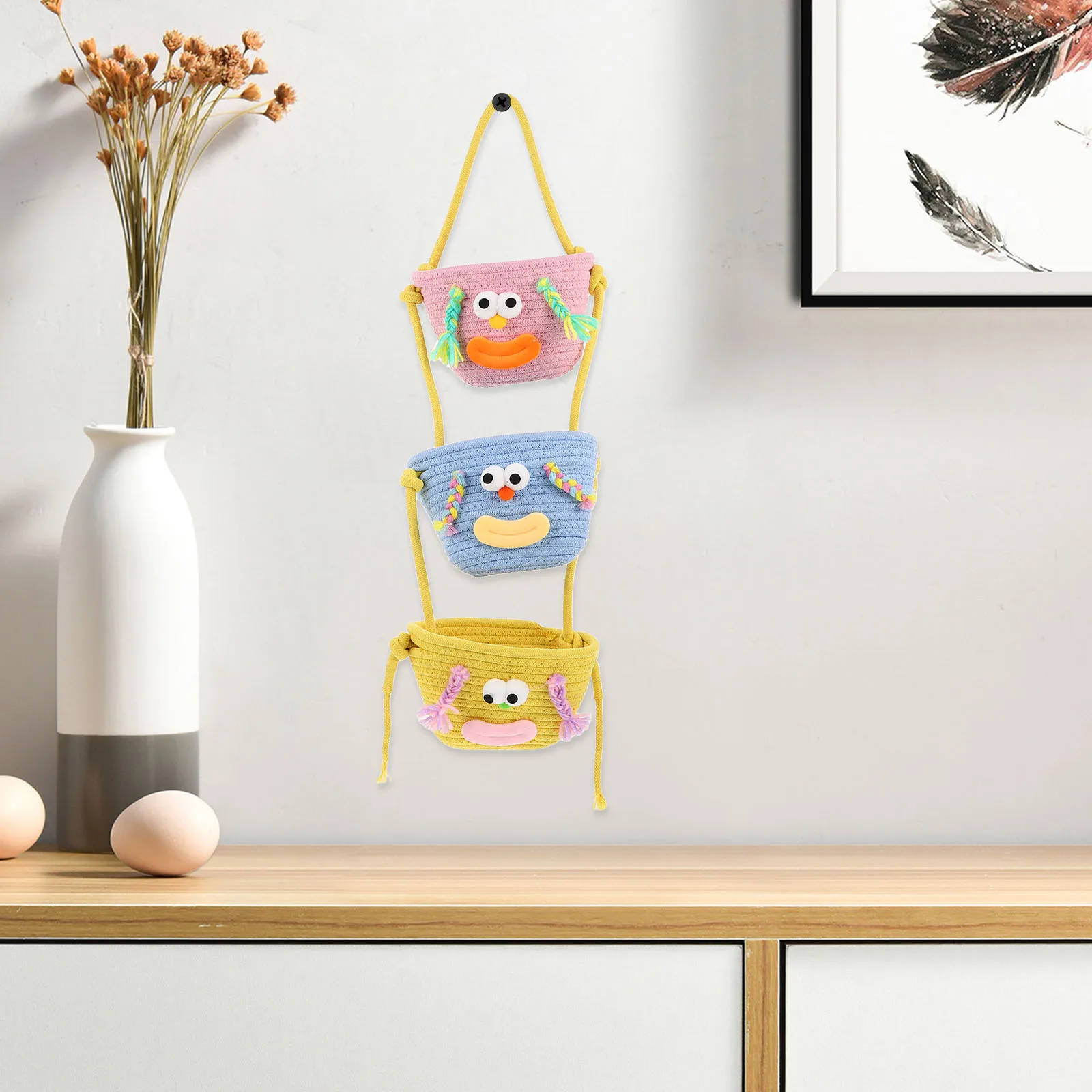 

Woven Storage Basket Cotton Rope Small Wall Hang Tiered ganizer Boho Rack Mount Closet Bedroom Decor Fruit Vegetable