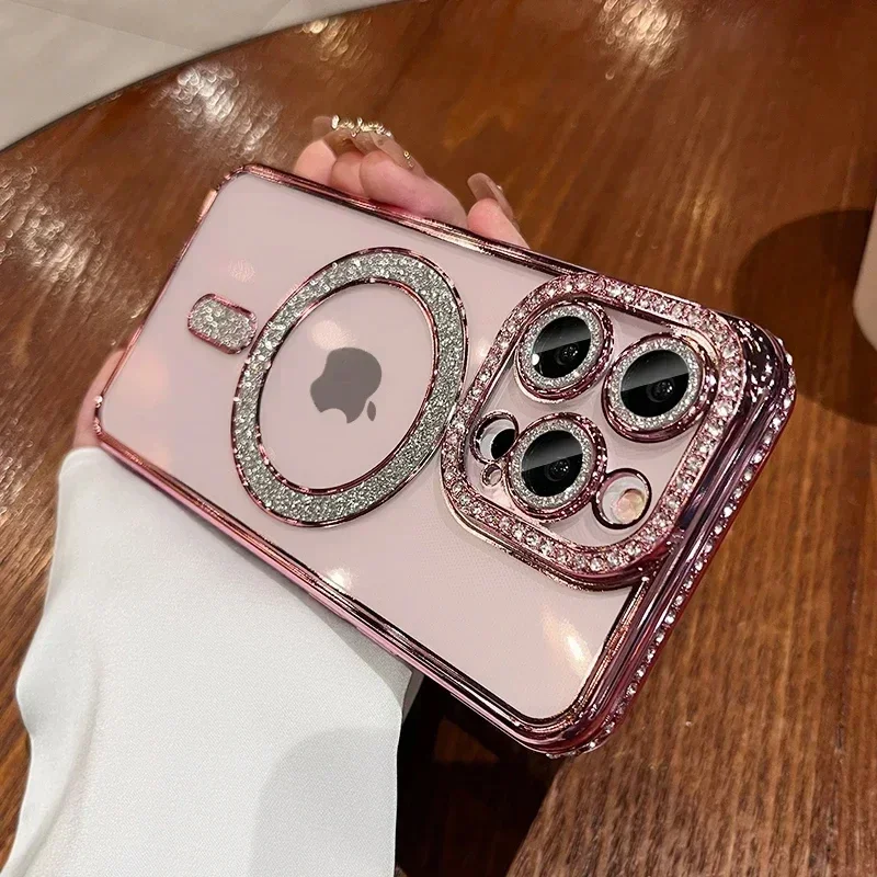 New Fashion Glitter Diamond Transparent Case For iPhone 16 15 14 13 11 12 Pro Max 16 Plus Magnetic Wireless Charge Bumper Cover