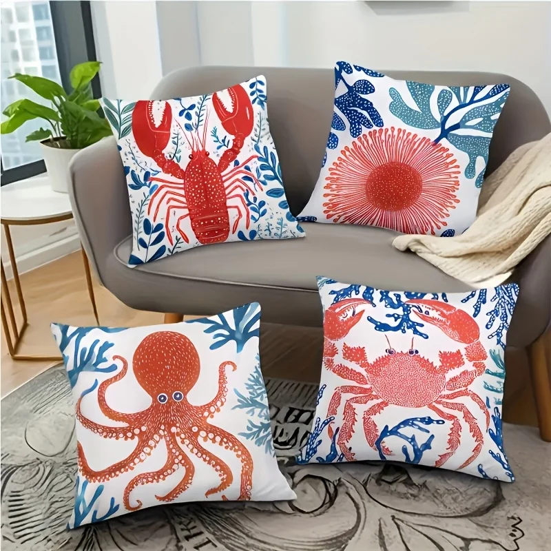 1pc Nautical Coastal Lobster Crab Octopus Coral Throw Pillow Cover 2D Double-Side Print Polyester Cushion Case for Bedroom Cot