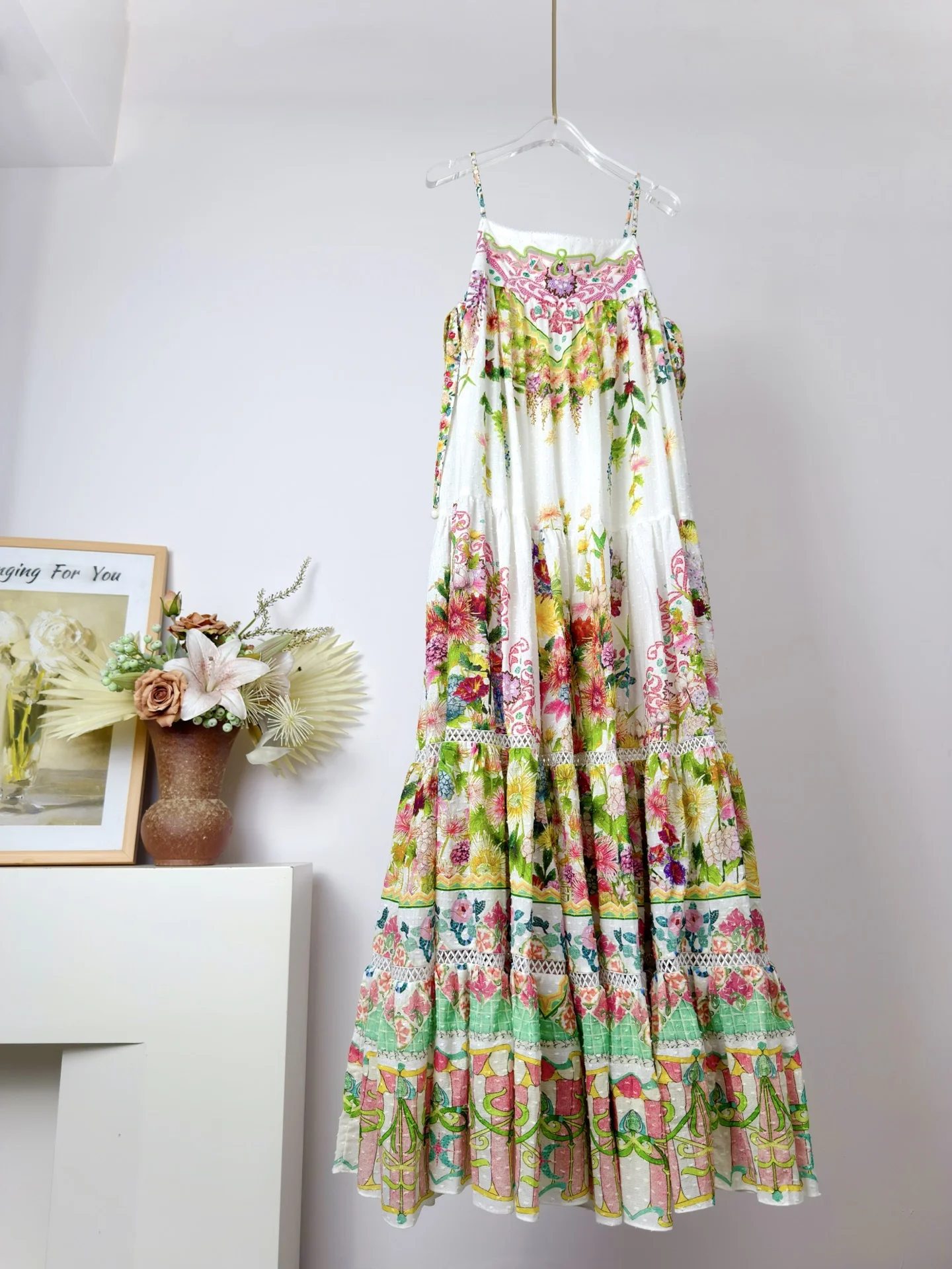 2026 Women Crystal Beaded Sling Robe Floral Print Square Collar Sleeveless Embroidery Design Loose Female 100% Cotton Long Dress
