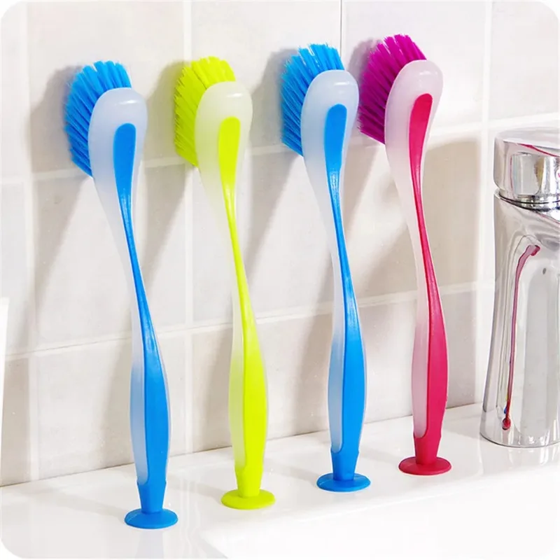 1pc Pot Cleaning Brush Vertical Multifunction Kitchen Suction Cup Type Sink Scrub Long Handle