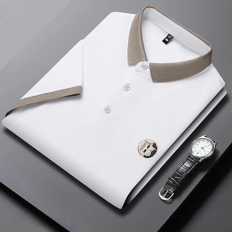 قميص بولو رجالي جديد مطرز من القطن للأعمال والترفيه بأكمام قصيرة، قميص مريح وقابل للتنفس