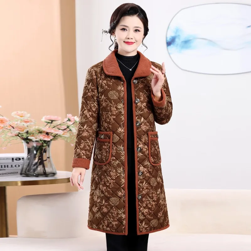 Fleece Jacket For Women Floral Cotton Coat Middle-Aged And Elderly Mothers Thick Medium Length Winter Outerwear