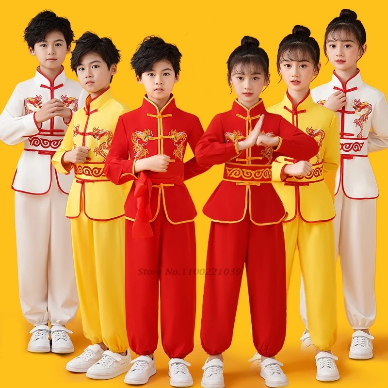 

2025 chinese children vintage wushu shaolin set dragon embroidery uniform wushu kung fu martial arts sports training exercise