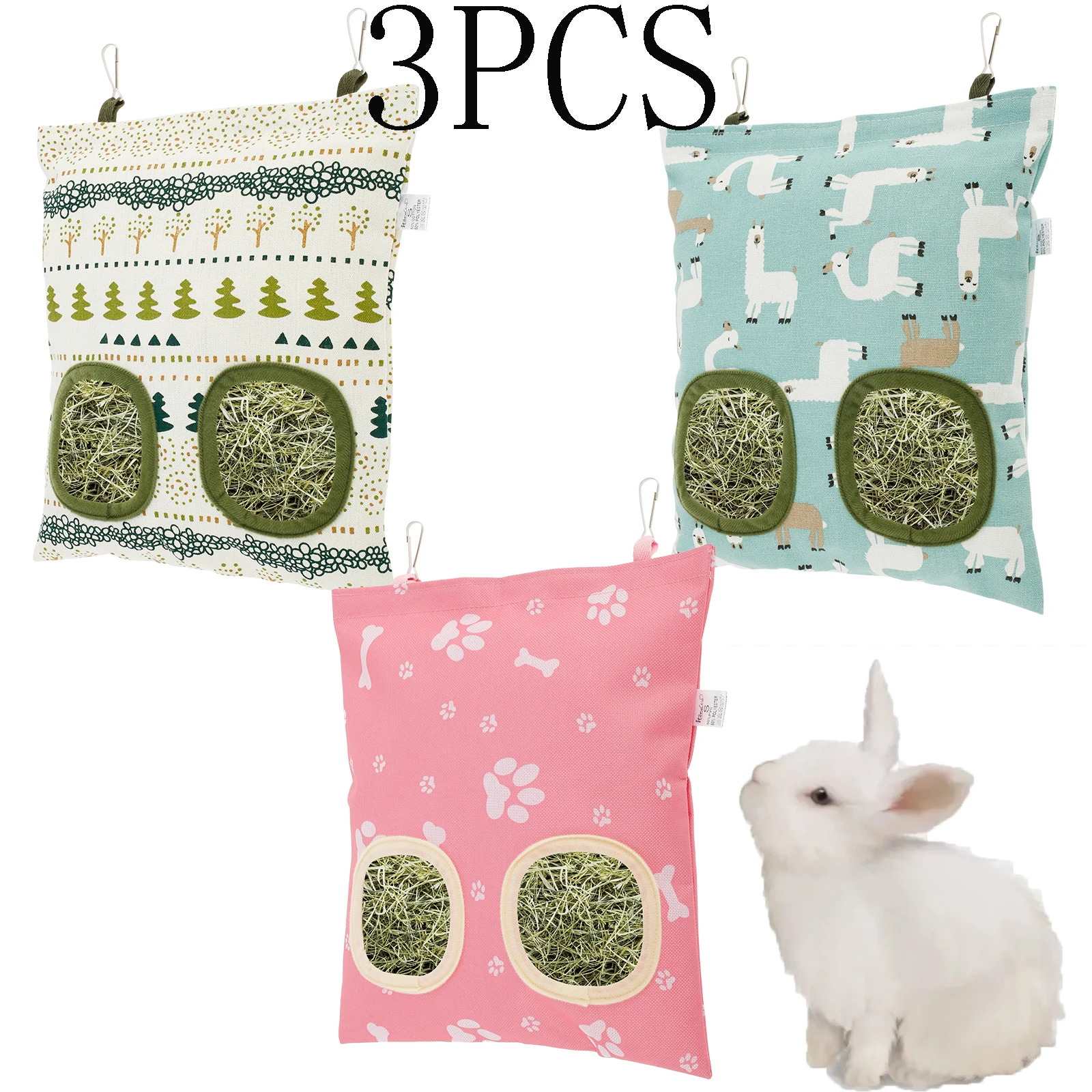 Bolsa de heno para colgar, contenedor dispensador de alimentación, bolsas de alimentación colgantes para animales pequeños, conejillo de indias, 3 uds.