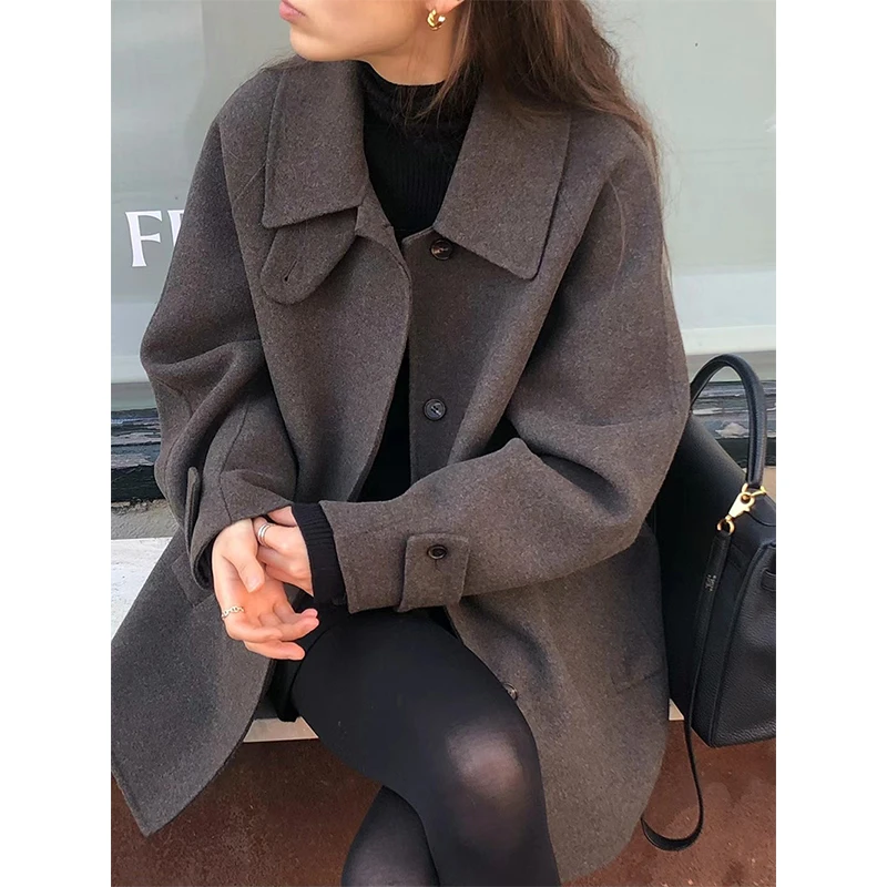 MEXZT Wool Blends Coats Women Vintage Woolen Jackets Streetwear Korean Commute Outerwear Winter Ladies Elegant Chic Overcoat New