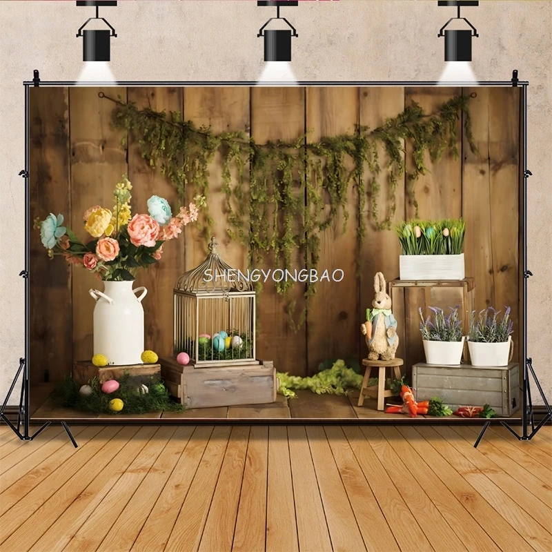 

SHENGYONGBAO Green Spring Easter Day Photography Backdrops Props Hare Rabbits Colorful Eggs Wood Photo Studio Background VV-95