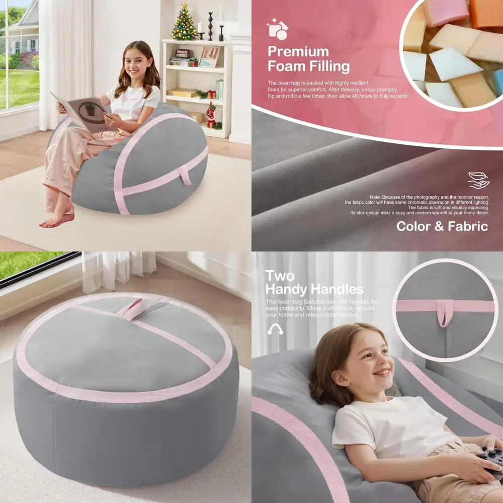 

Memory Foam Filled Giant Bean Bag Chair - Large with Removable Cover for Living Room, Bedroom, Dorm - Light Grey & Pink