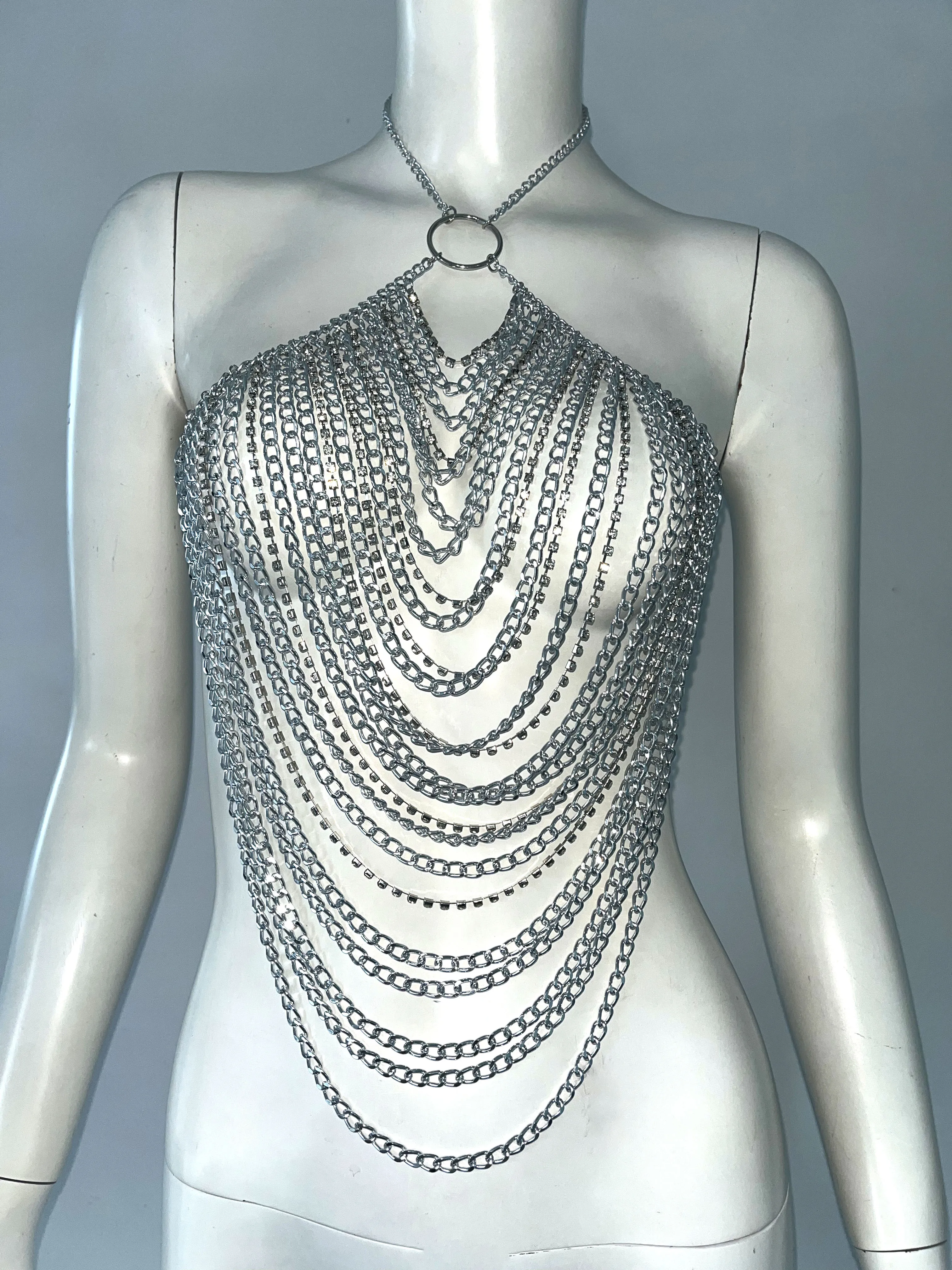 Women Metal Tassel Body Chain Tank Top Sexy Hollow Out See Through Backless Halter Neck Camisole 2024 New Rave Festival Outfits