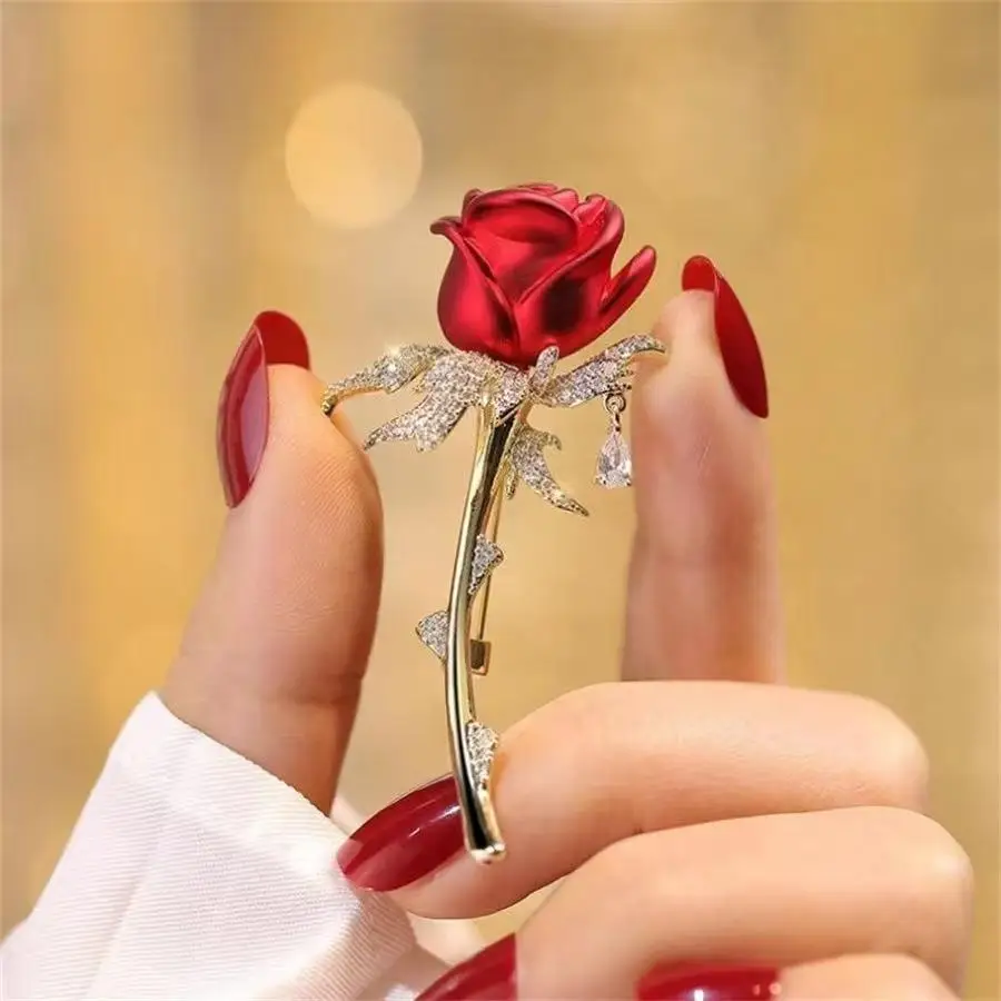 Autumn/Winter Luxurious Atmospheric Coat Accessories Chest Flowers High-end Feeling Fixed Pins Fully Inlaid Zircon Rose Brooch