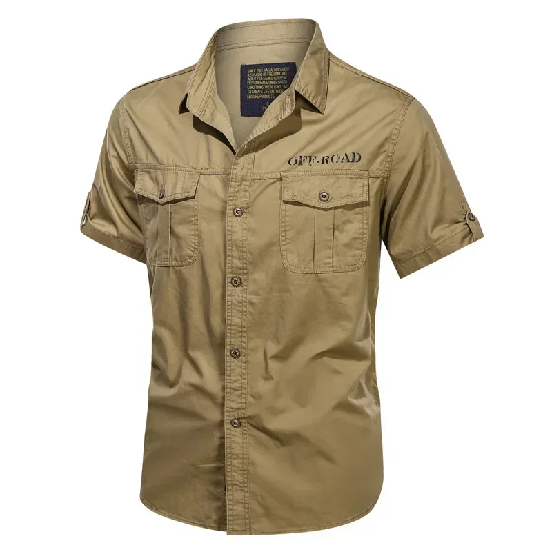 New Mens Shirt Short Sleeve Cargo Shirts Cotton Casual Solid Shirt Man Pocket Work Shirt Green Khaki Hiking Fishing 5XL