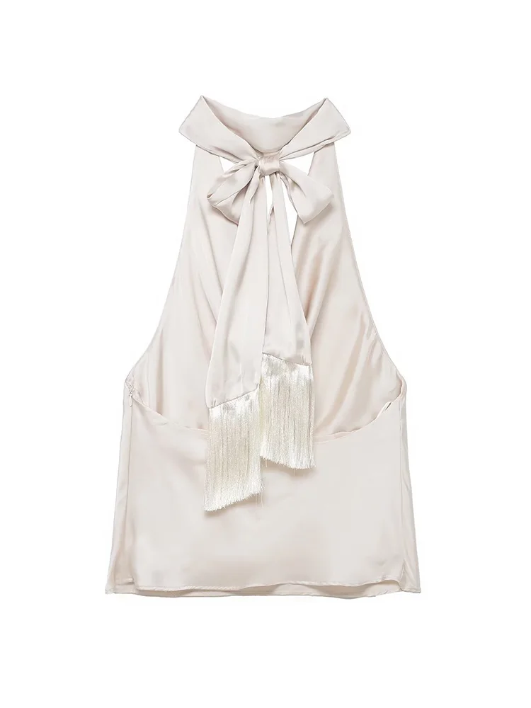 

HH Woman Fashion Party Fringed Decoration Solid Short Top Female Summer Sexy Sleeveless Satin Texture Casual Halter Neck Tops