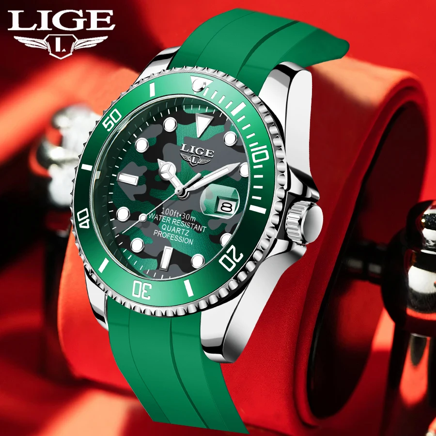 

LIGE Fashion Luxury Silicone Watch for Men Casual Sport Quartz Man Watches Creative Camouflage Color Auto Date Clocks Wristwatch