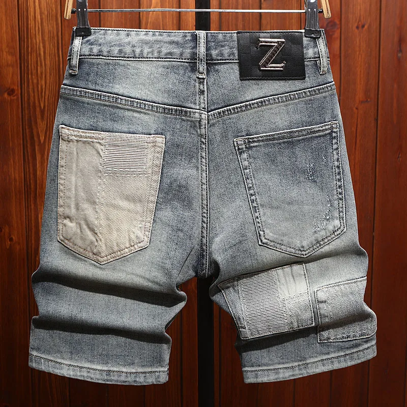 Trendy brand summer denim shorts men's patchwork design trendy and fashionable denim five quarter pants