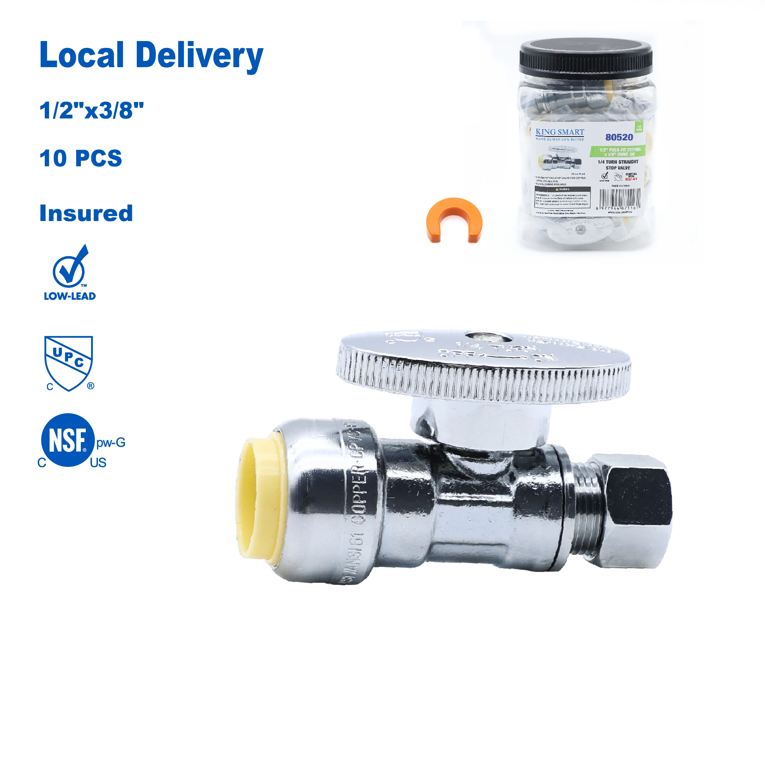 

KING SMART 1/2" push fit * 3/8" Комп. Прямой стопорный клапан с наружным диаметром 1/4; для трубы PEX, PERT, CPVC, медной трубы; 10 шт./корпус; 80520