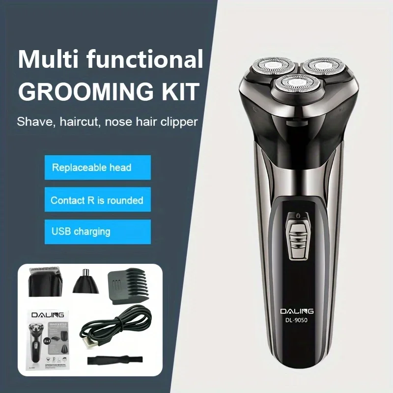 DALING DL-9050 Rechargeable Three Head Electric Shaver, Multi functional 3-in-1 Shaver, Hair Clipper, and Nose Hair Trimmer