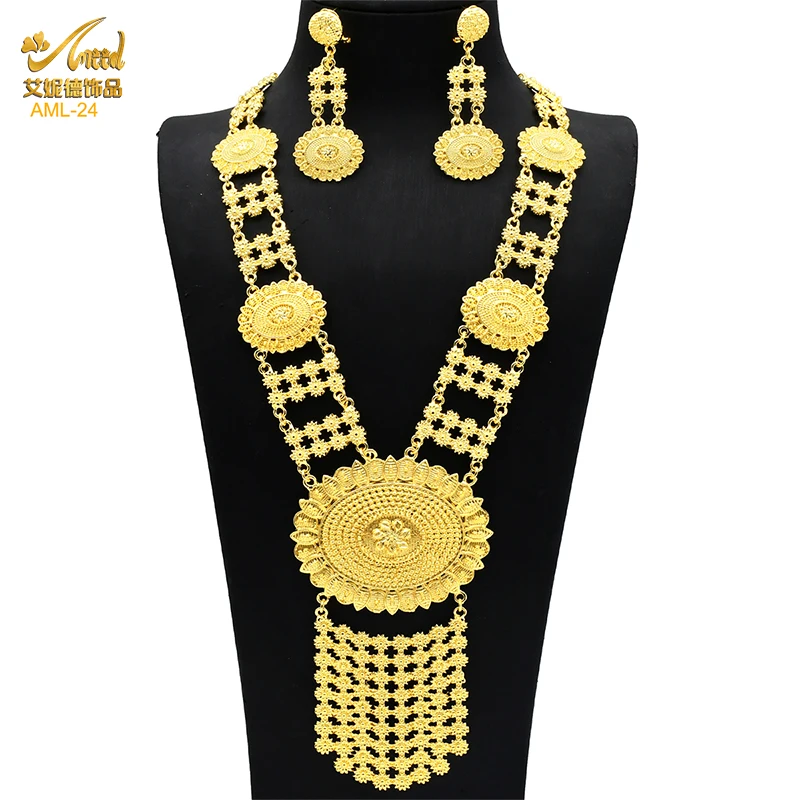 

Dubai Indian Necklace Earrings Jewelry Set For Women Big Pendant Gold Color Nigeria African Bridal Wedding Party Jewellery Gifts