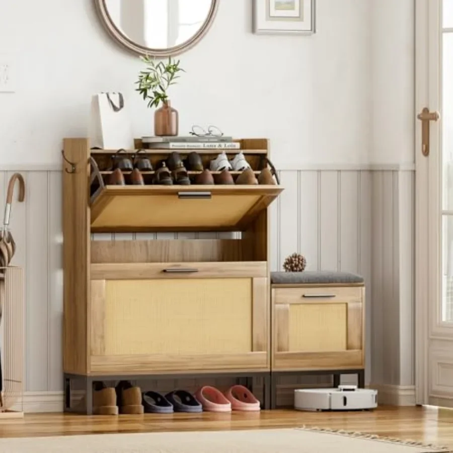 Shoe Cabinet Storage with Bench for Entryway, Rattan Material in Natural Beige, Space-Saving Narrow Design with Hidden Compartm