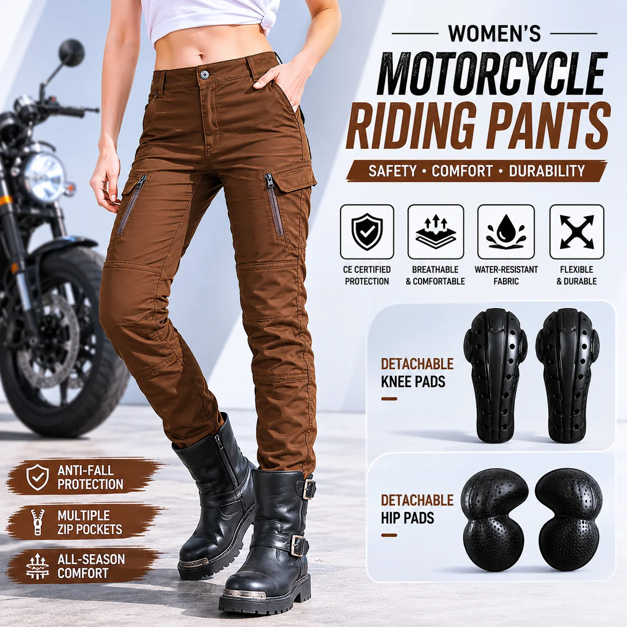 

Motorcycle Riding Jeans Women High Waist Brown Denim Pants Breathable Multi Pocket Moto Biker Trousers Urban Touring All Season