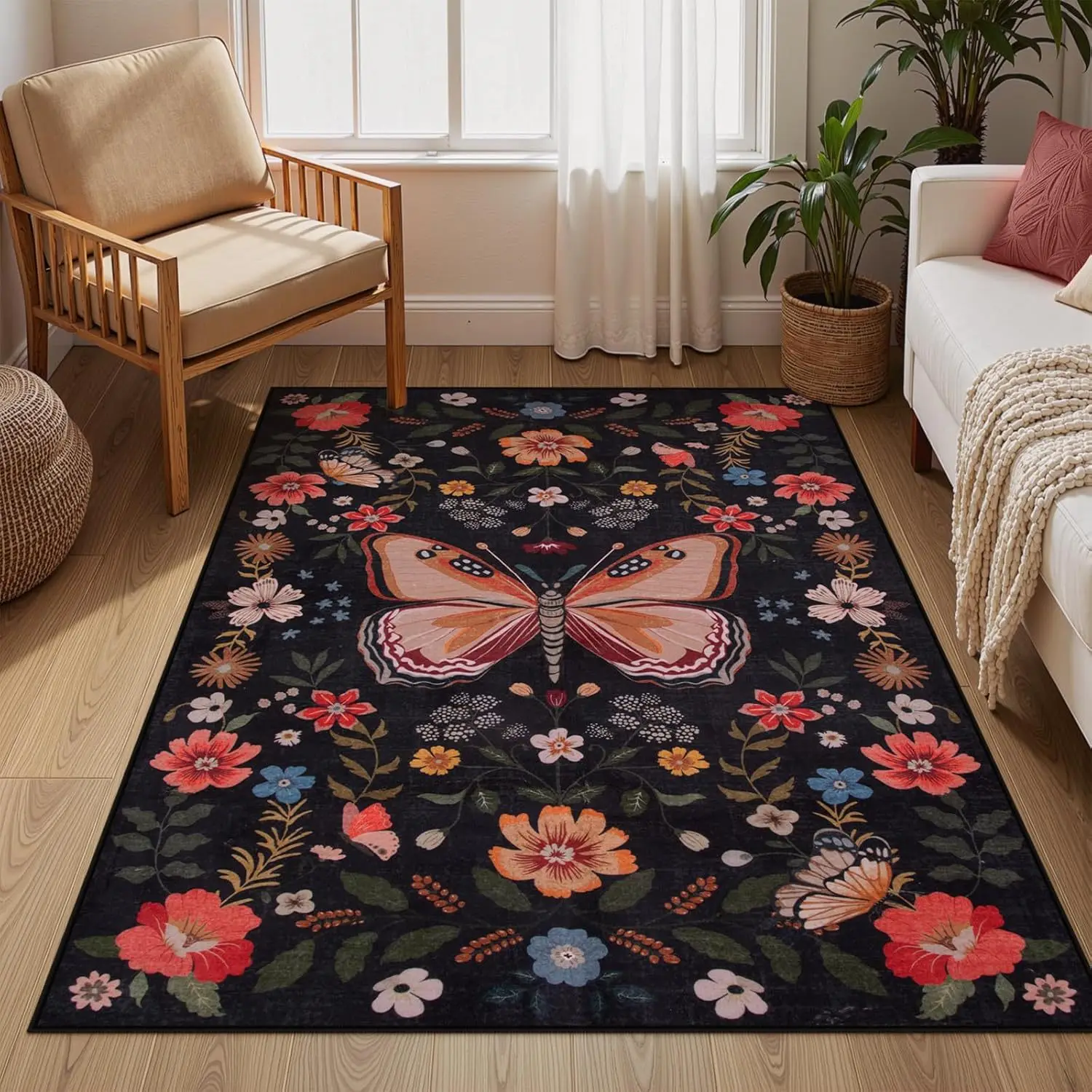 

VIKAMA American Vintage Floral Butterfly Carpet Home Decor Moisture-proof, Mildew-proof Living Room Bedroom Large Size Floor Mat