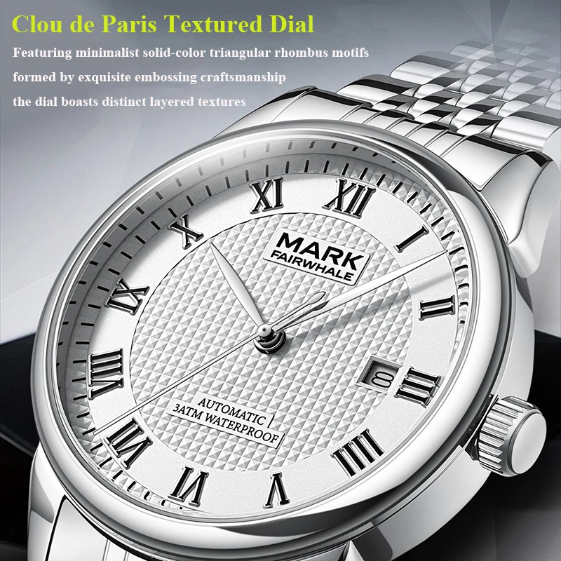men trendy automatic mechanical watch screw down crown date window see through case back water resistance stainless steel strap
