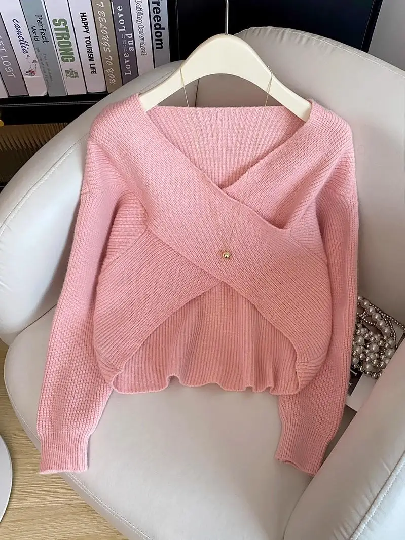 

Women's Oversized V-Ne Pullover Sweater Cross Design Loose Knitted Top Autumn Winter Inner Wear ort Sle Casual Faion