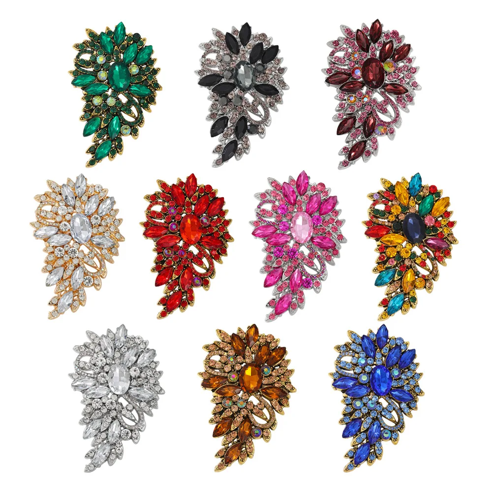 Multicolor Leaf Shape Brooch Large Shiny Gem Enamel Lapel Pin Vintage Women Badge Wedding Party Dress Decor Jewelry Accessory