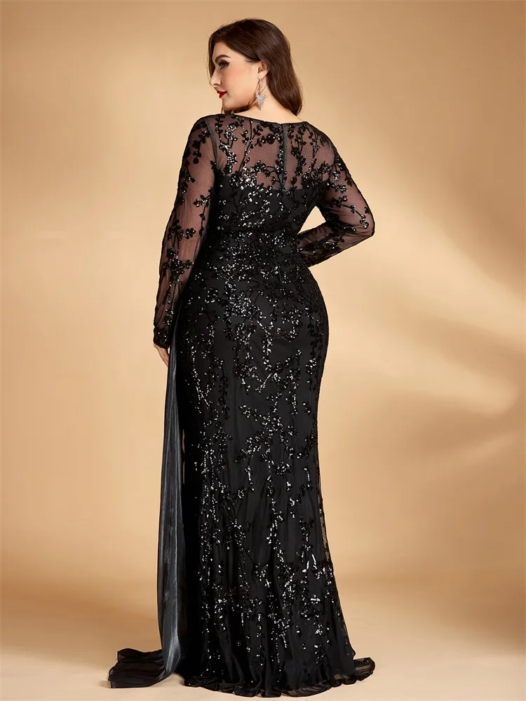 XUIBOL New Plus Size Elegant Long Sleeves Sequins Patchwork Ribbon Pleats Formal Evening Dressess Luxury Floor-Lenght Party Prom