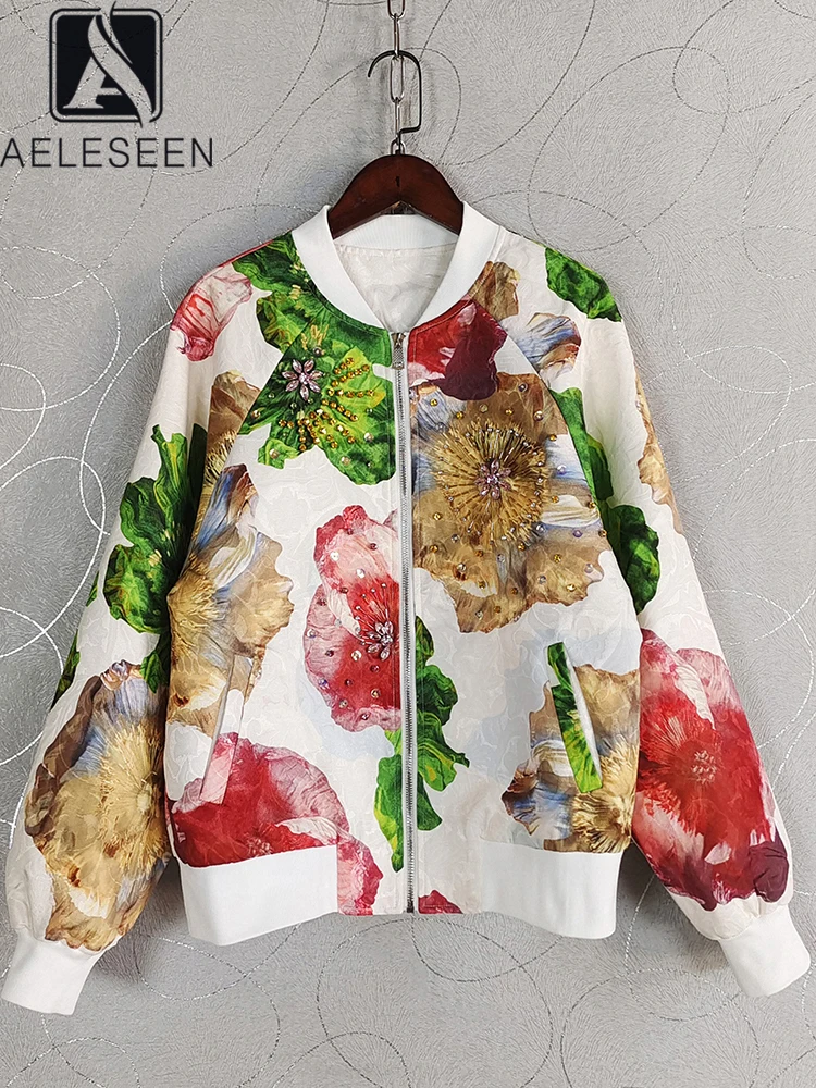 

AELESEEN Designer Fashion Autumn Winter Jacket Women High Quality Flower Print Contrast Color Luxury Beaidng Diomonds Coat