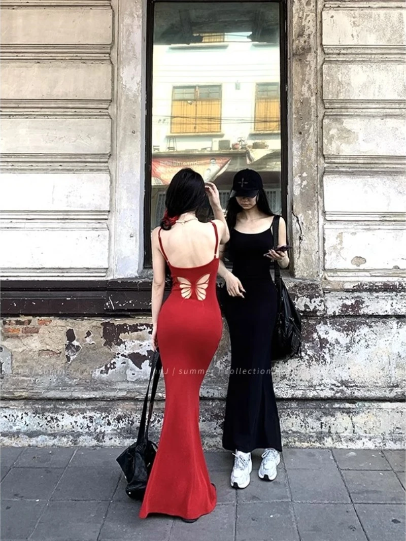 

2024 Elegant Women Summer Sexy Sleeve Long Dress Ladies Backless Hollow Out Butterfly Suspender High Waist Vestidos F239
