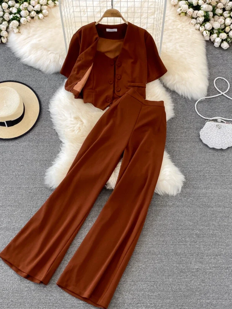 Fashion Blazer Three Piece Sets Women Tank Tops V-neck Shirt Jacket Three-piece Suit High Waist Wide Leg Long Pants Oufits