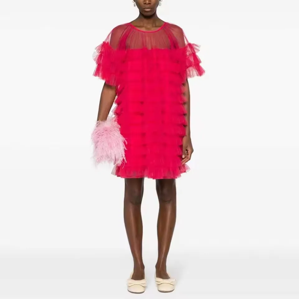 

2025 Ruffled Midi Dress Pink Tiered Tulle Short Formal Party Dresses Cap Sleeves Knee Length Prom Gown Birthday Dress