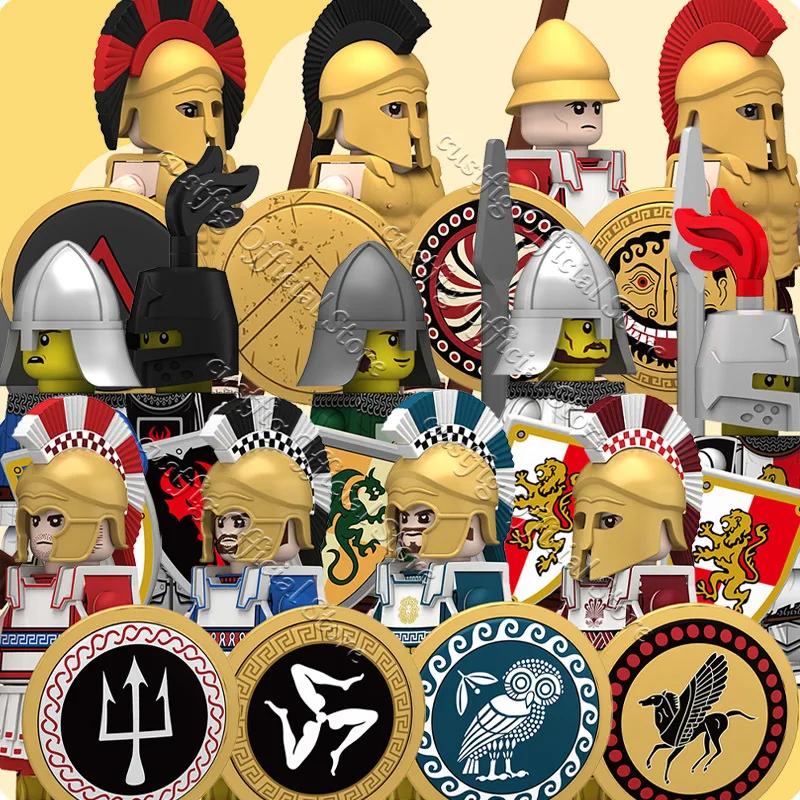 Image of MOC Mittelalterliche Militärische Griechische Spartanische Krieger-Soldatenfigur Baustein Armeekastell König Ritter Schild DIY Bausteine Jungen Spielzeug Geschenk