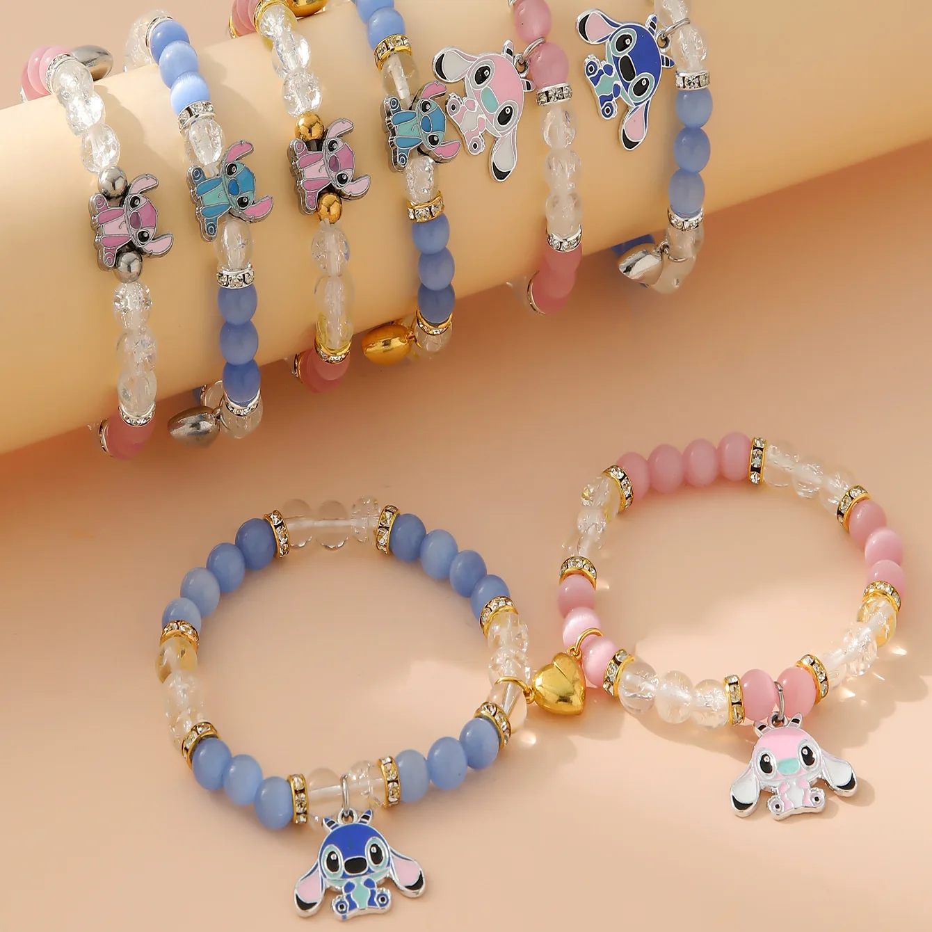 2Pcs/Lot Fashion Opal Beads Magnetic Attraction Heart Stitch Cartoon Charms Bracelets Couple Friendship Bracelets Jewelry Gifts