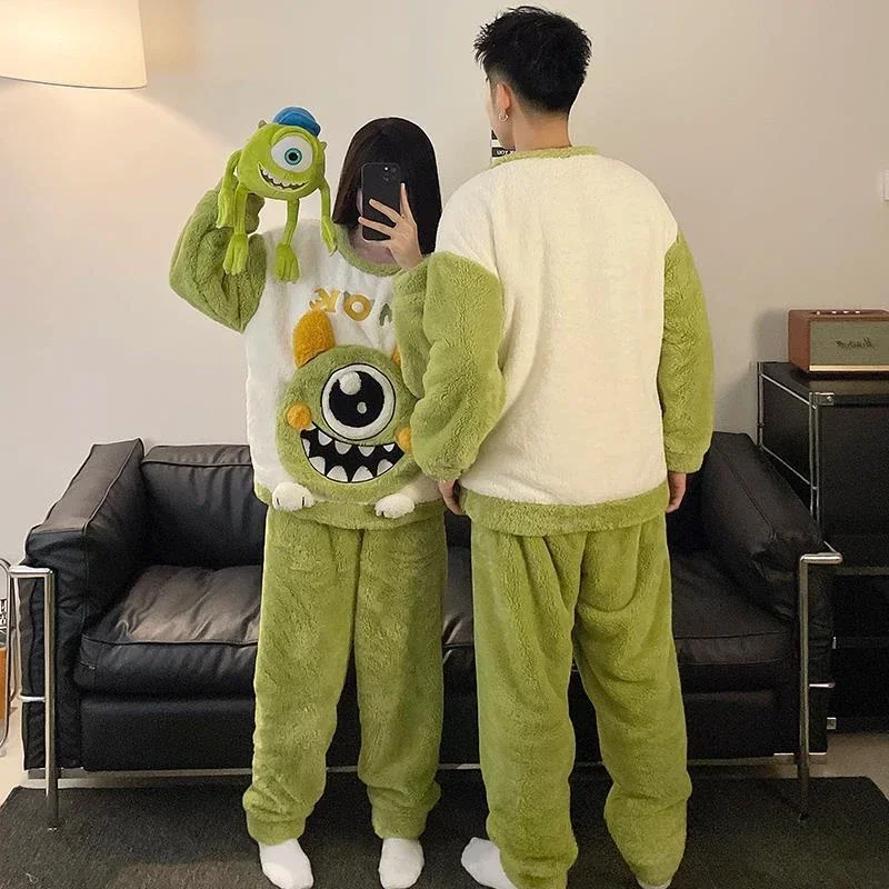 Disney Stitch winter new coral fleece pajamas couple cartoon animation three-eyed monster thickened loungewear set