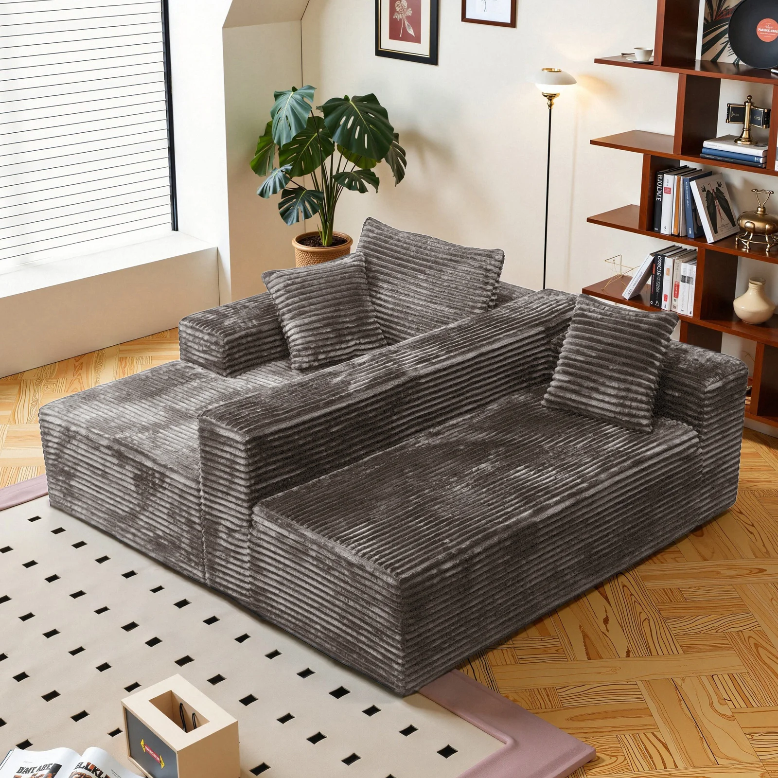 Modern Minimalist Wide Vertical Striped Corduroy Modular L-Shaped Corner Sofa, Freely Combinable Cloud Sectional Couch with Chaise Lounge, Oversized Deep Seat No Assembly Lazy Cube Sofa with Throw Pillows, Home Furniture for Modern Living Room & Apartment