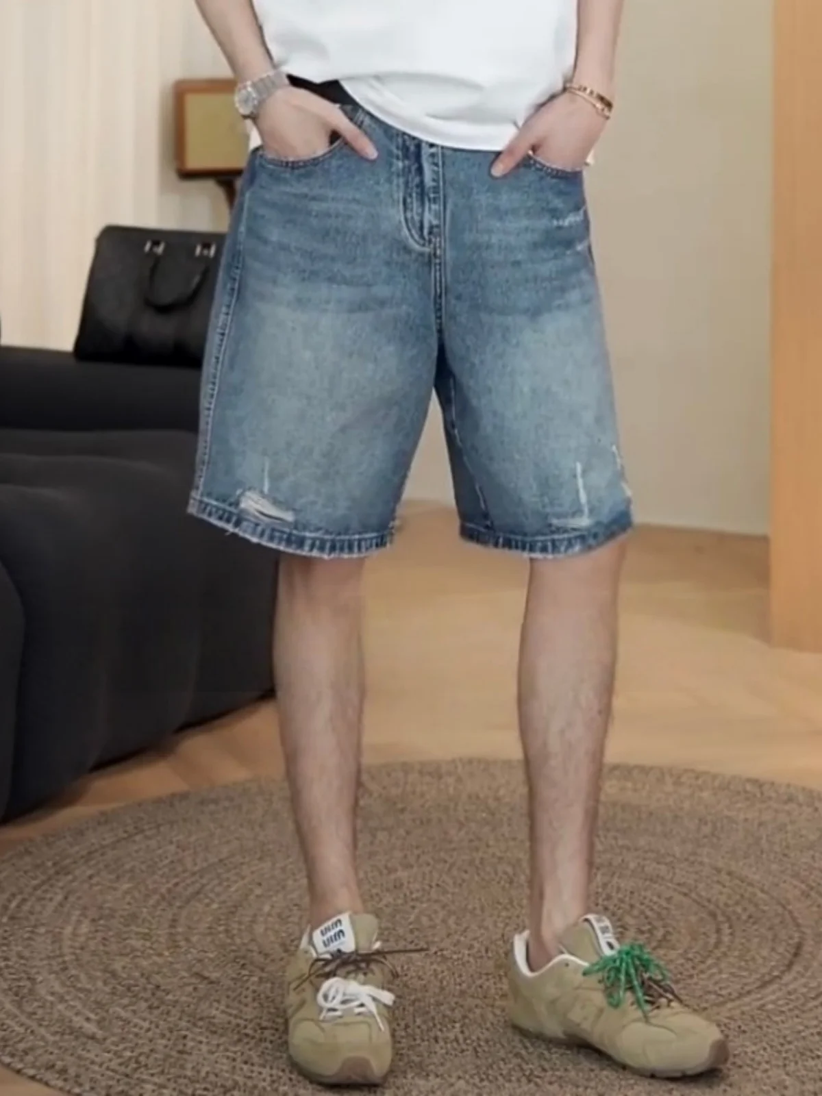 Summer American Retro Washed Outdated Men's Denim Shorts Loose Fit Breathable Sporty Five-Quarter Length Straight Leg Jeans