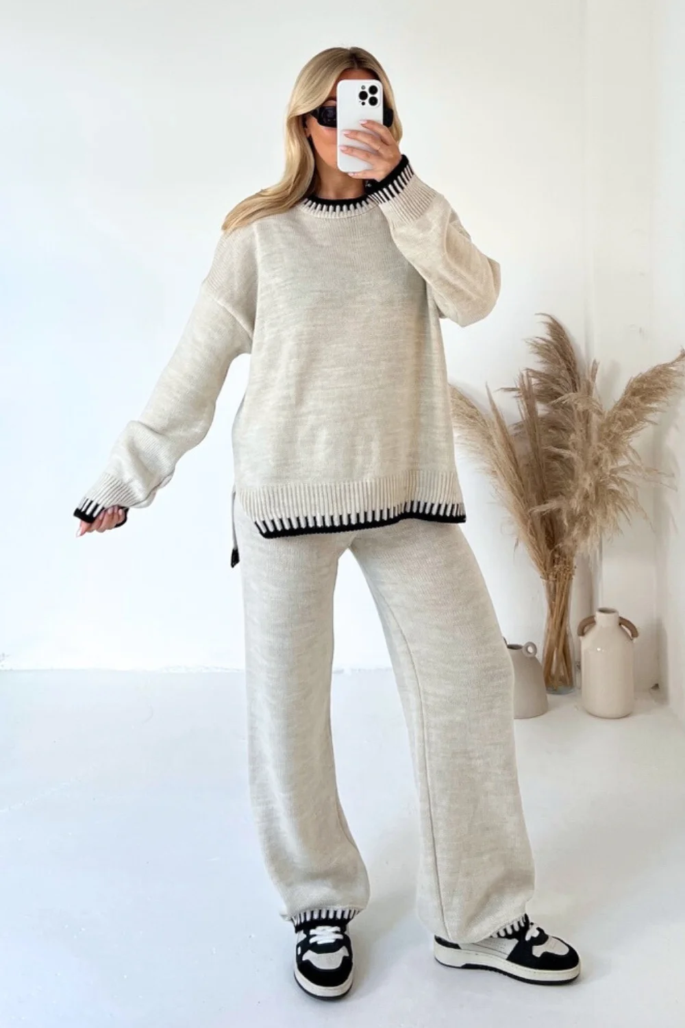 Casual Women 2 Pieces Sets Knitted Sweater Pullovers Wide Leg Long Pants 2024 Autumn Female Office Suit Outfits Loungewear