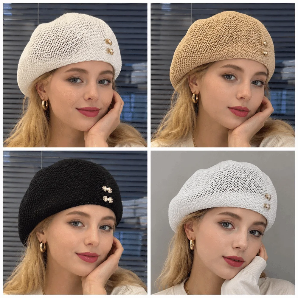 Elegant Breathable Sun Beret Cap Solid Color Hollow Out Woven Beret Cap Forward Cap Painter Hat Summer Tourism