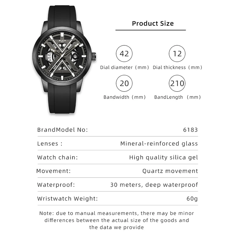 Business Watches Male Quartz Watche Skeletonized Dial Waterproof Vintage Round Mechanical Watch Silicone Strap Watches Men Watch