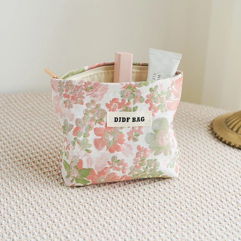 DJDF Pink Flower Small Women\'s Cosmetic Bag Double Layer Soft Canvas Portable Sanitary Napkin Storage Bag Coin Purse Ins Style