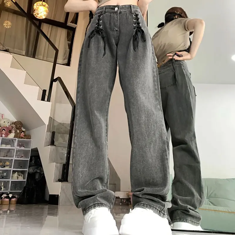 Hotsweet Fashion Lace-up Denim Trousers High Waist Button Female Clothing Wide Leg Pants Streetwear Casual Loose Vintage Jeans