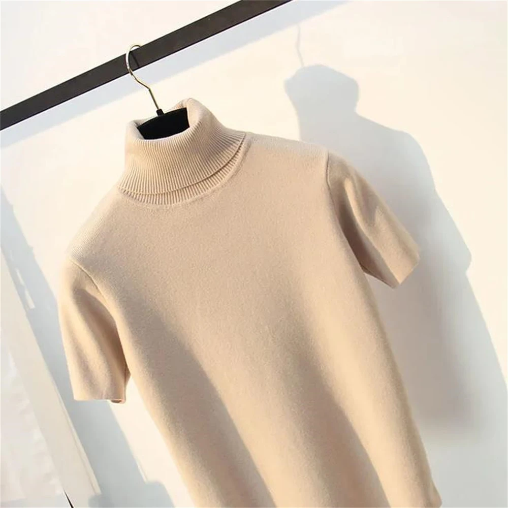 Herbst Winter Roll kragen Strick oberteile Frauen Kurzarm T-Shirt Pullover weiß zurück T-Shirt T-Shirt Femme T-Shirt Strickwaren