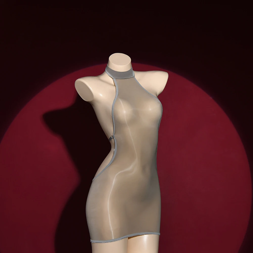 New Sexy Lingerie Women Thin Shiny Tight Dress Sheer Transparent Turtleneck Stretch Oil Stockings Buttocks Wrapped Ladies Dress
