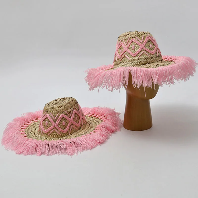 Pink Fringe Straw Hat For Women Hand Woven Boho Wide Brim Sun Hat Summer Beach Vacation UV Protection Straw Cap With Embroidery